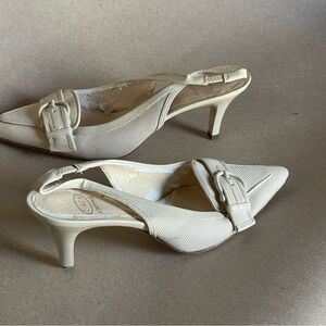 Joan & David Cream Pointed-Toe Slingback Mules with Buckle